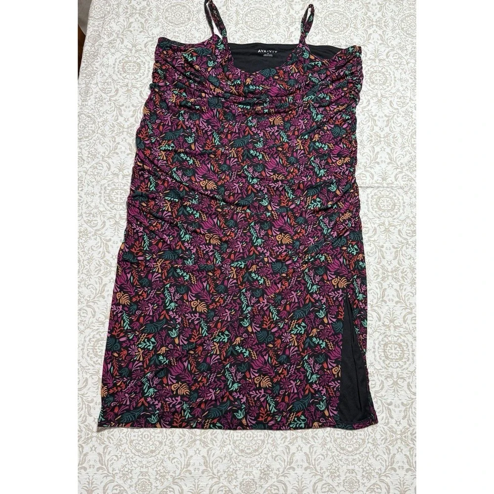 Ava &‎ Viv Women's Black Floral Print Lined Mesh Spaghetti Ruched Dress 2X